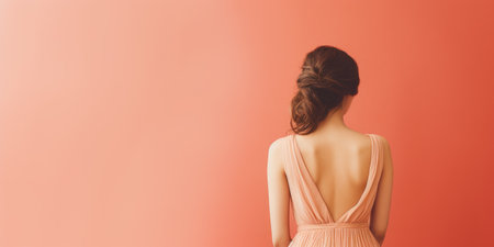 Ai generation. Young woman in long dress on peach background. Back view. Fashionの素材