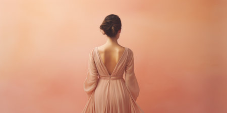 Ai generation. Young woman in a long dress on a peach background. Back viewの素材