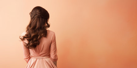 Ai generation. Young woman in long dress on peach background. Back view. Fashionの素材