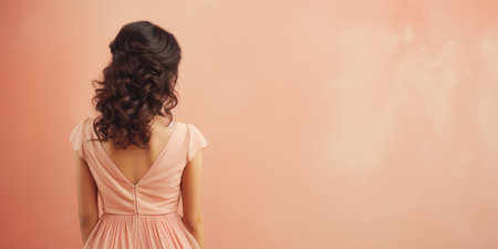 Ai generation. Young woman in long dress on peach background. Back view. Fashionの素材