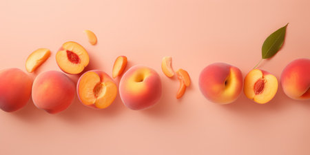 AI generation. Fresh ripe peaches with green leaves on pink background. Color ofの素材