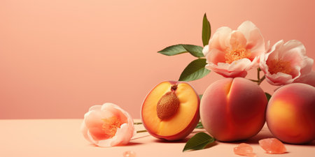 AI generation. Fresh ripe peaches with green leaves on pink background. Color ofの素材