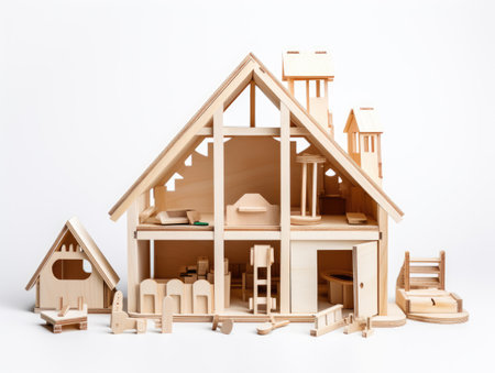 Wooden house made of plywood on a white background. Home construction. AIの素材