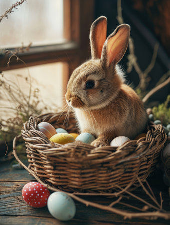 Cute Easter bunny in basket with eggs on dark background. AI generationの素材
