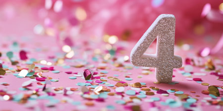 Number 4 on pink background with sequins and confetti. Ai generation.の素材