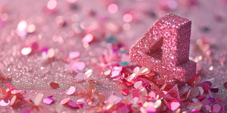 Number 4 on pink background with sequins and confetti. Ai generation.の素材