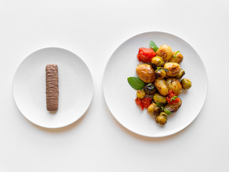 Two white plates on table, one with single chocolate bar and other with roasted baby potatoes and Brussels sprouts, contrasting healthy and indulgent food choices.の写真素材