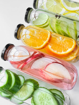 Stacked glass bottles with detox drinks with cucumber, apple, orange, and lemon slices on white...