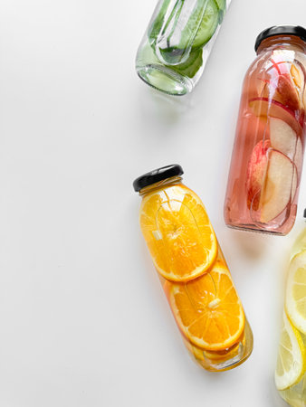Variety detox drinks in glass bottles on white background, with copy space. Healthy lifestyle and hydration concept for design and print.の写真素材