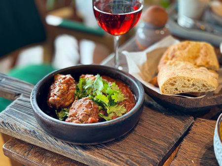 Close up of a rustic wooden table with black bowl of braised meat in tomato sauce garnished with fresh cilantro, accompanied by crusty bread and glass of red wine, set in cozy restaurant ambiance.の写真素材