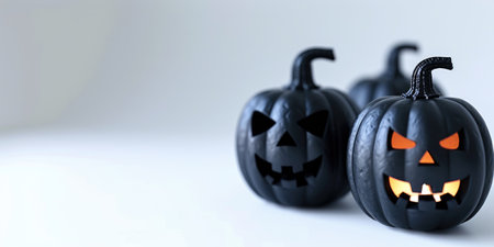 Row of black jack-o-lanterns with carved faces, one glowing with orange light on white background with copy space. Halloween pumpkins with sinister expressions in spooky, eerie setup. Ai generationの素材