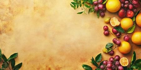 Sukkot celebration background with citrus and grapes on textured surfaceの素材