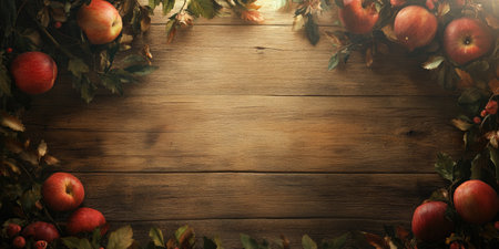 Festive sukkot background with apples and autumn leaves on rustic woodの素材