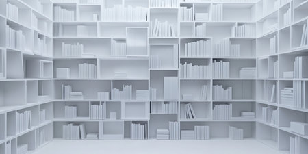 Endless white shelves with books - minimalist library space for modern interiorsの素材