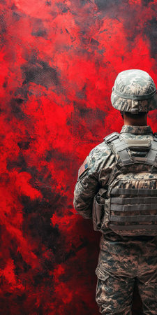 Veterans day soldier in uniform against red and black abstract background with copy spaceの素材