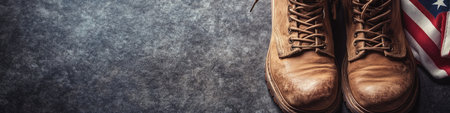 Veterans day background with military boots and american flag top view design for commemoration and tributeの素材