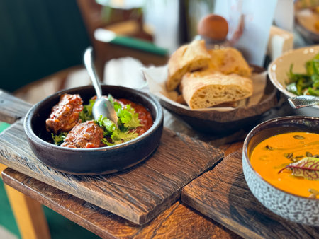 Close up of rustic wooden table with braised meat in tomato sauce garnished with cilantro, served in black bowl, along with crusty bread, creamy pumpkin soup, and mixed green salad in background.の写真素材