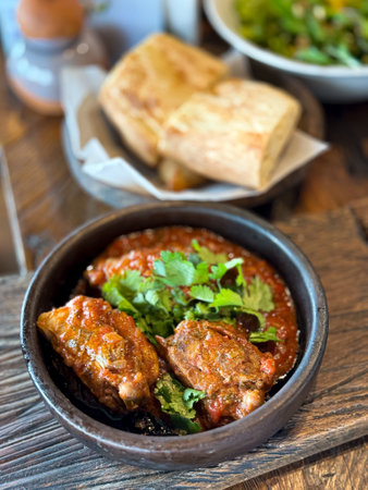 Close up of rustic wooden table with black bowl of braised meat in tomato sauce garnished with fresh cilantro, served alongside crusty bread in basket and mixed green salad in white bowl.の写真素材