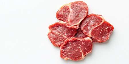 Fresh raw beef cuts on white background for carnivore diet conceptsの素材