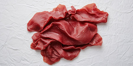 Fresh sliced raw meat on textured white background for carnivore diet conceptの素材