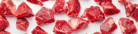 Fresh meat variety on white background for carnivore diet and culinary conceptsの素材