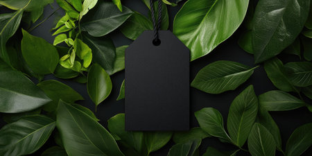 Elegant boutique tag amidst lush green leaves for eco-friendly fashion designの素材