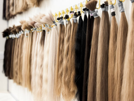 Assorted hair extensions displayed in various colors and textures at salonの写真素材