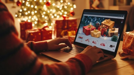 Christmas online shopping scene with laptop and gift boxes in holiday settingの素材