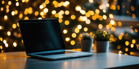 Online holiday shopping concept featuring laptop with cozy bokeh lightsの素材