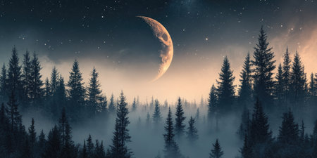 Mystical forest under crescent moonlit sky at twilightの素材