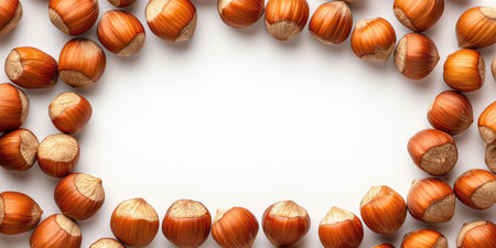 Hazelnuts neatly arranged in circular pattern with white background for designの素材
