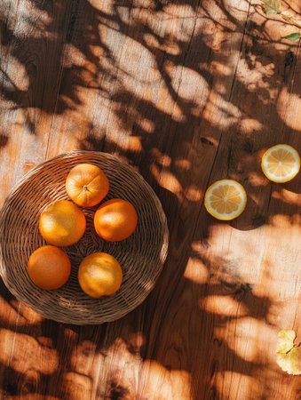 Sukkot theme with oranges and lemon slices on wooden surface - rustic atmosphere for seasonal celebration decorの素材