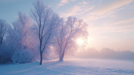 Winter serenity: ultra-realistic 8k view of frost-covered trees at sunriseの素材