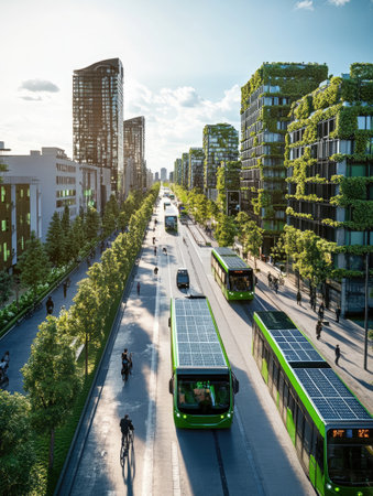 Futuristic eco friendly cityscape with solar powered buses and green architectureの素材