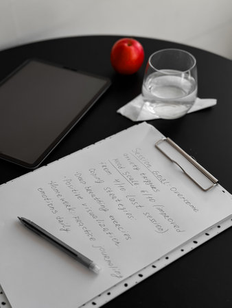 Workspace with digital tablet, water glass, and inspirational notes on clipboard