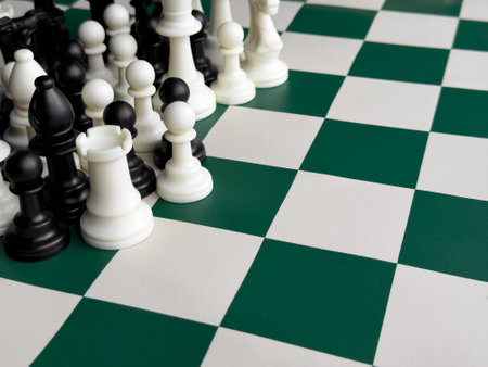 Chess game pieces on green and white board. Strategic game play and tacticsの写真素材
