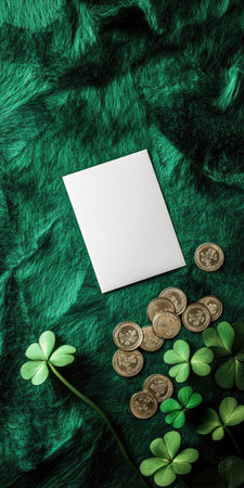 Blank greeting card on green felt with gold coins and shamrock for st. Patricks day designの素材