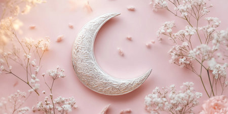 Decorative silver crescent moon on pastel background with delicate floral accents for elegant designの素材