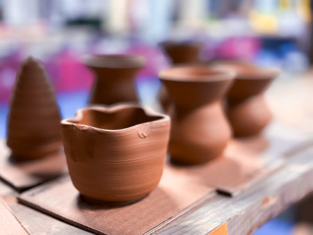 Handmade clay vessels on display in pottery workshopの写真素材