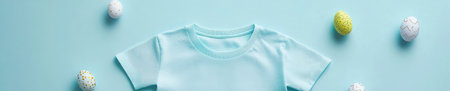 Light blue T shirt mock up on pastel background with decorative Easter eggs for design and brandingの素材