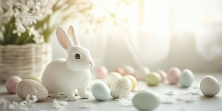 Easter celebration with colorful pastel eggs and bunny on light background for festive decorの素材