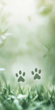 Tranquil green nature scene with subtle bunny paw prints for spring designの素材