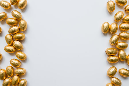 Golden foil wrapped chocolate eggs on white background with creative borderの写真素材
