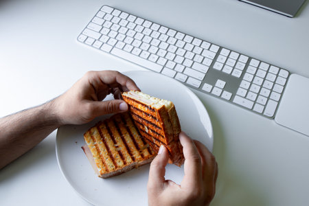 Male hands holding grilled sandwich near computer keyboard on desk