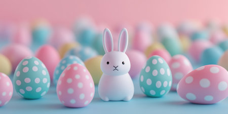 Whimsical Easter celebration with colorful pastel eggs and bunny for holiday decorの素材