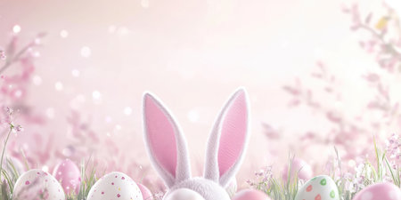 Easter celebration with bunny ears and eggs on a soft pink gradient backgroundの素材