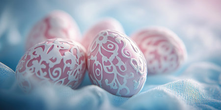 Intricately hand painted Easter eggs for festive decorative designの素材