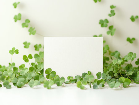 Minimalist white card with a green border on a soft pastel background surrounded by clover leavesの素材