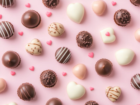 Valentines day celebration with heart shaped chocolates and confetti for romantic decorの素材