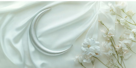 Elegant decorative silver crescent moon on soft pastel background with delicate flowersの素材